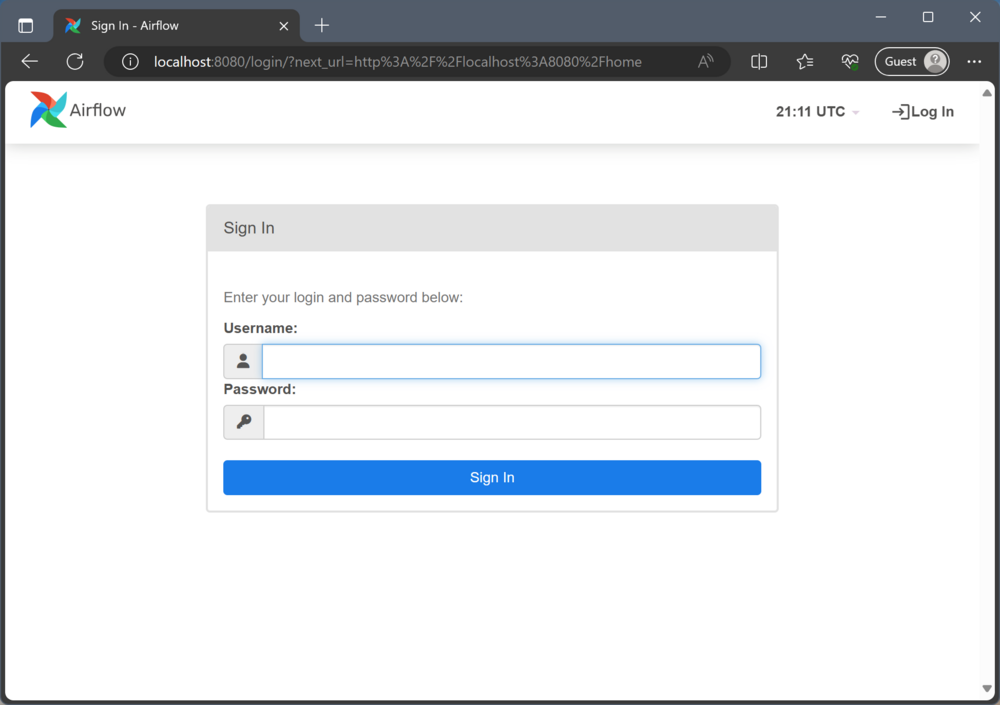 Login interface for Airflow on a web browser. The URL indicates it’s hosted on localhost. The ‘Sign In’ section has fields for entering ‘Username’ and ‘Password’.