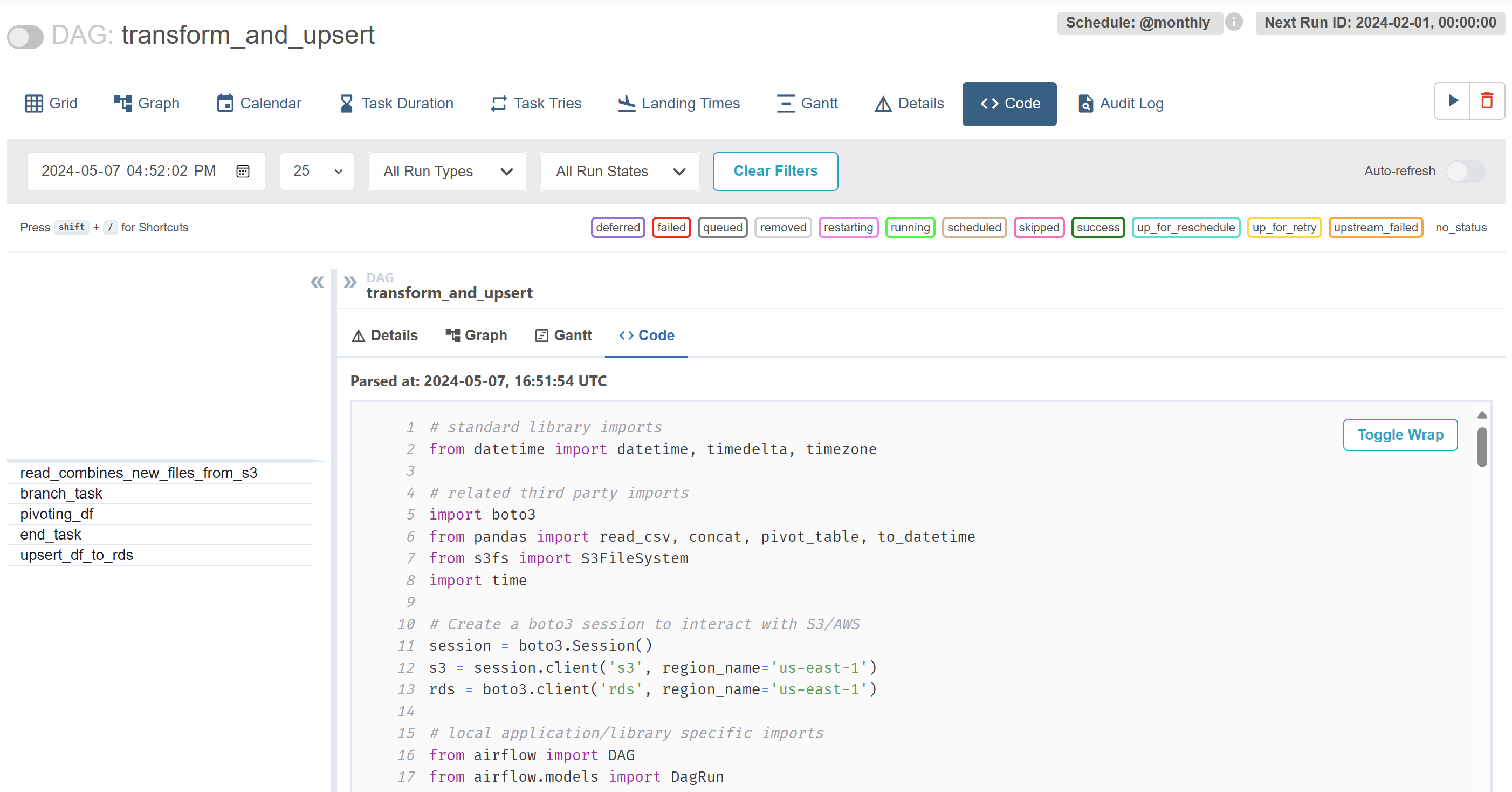 Screenshot of the Airflow Web UI, showing the 'transform_and_upsert' DAG in the 'Code' tab. The Python code for the DAG is displayed.