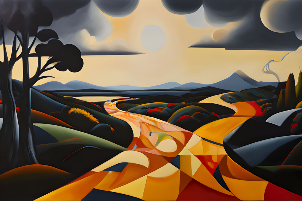 A stylized, colorful abstract landscape painting featuring a large, bright celestial body in the sky, amidst dark swirling clouds. The foreground shows two diverging paths in bright yellows and oranges, contrasting with dark silhouetted trees and distant rolling hills.