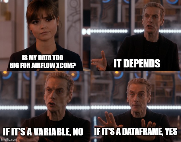 A four-panel meme from the TV show Doctor Who. The first panel shows a character asking, ‘Is my data too big for Airflow XCom?’ The second panel has another character replying, ‘It depends.’ In the third panel, the response is, ‘If it’s a variable, no.’ The fourth panel concludes with, ‘If it’s a dataframe, yes.’ The meme humorously addresses the limitations of Airflow’s XCom feature when dealing with different types of data